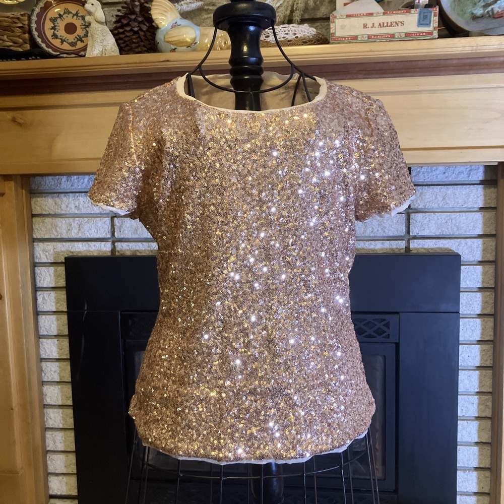 Rachel Roy Womens Sequin Top Sz L Fitted Short Sleeve Rose Gold Mesh Trim Zipper